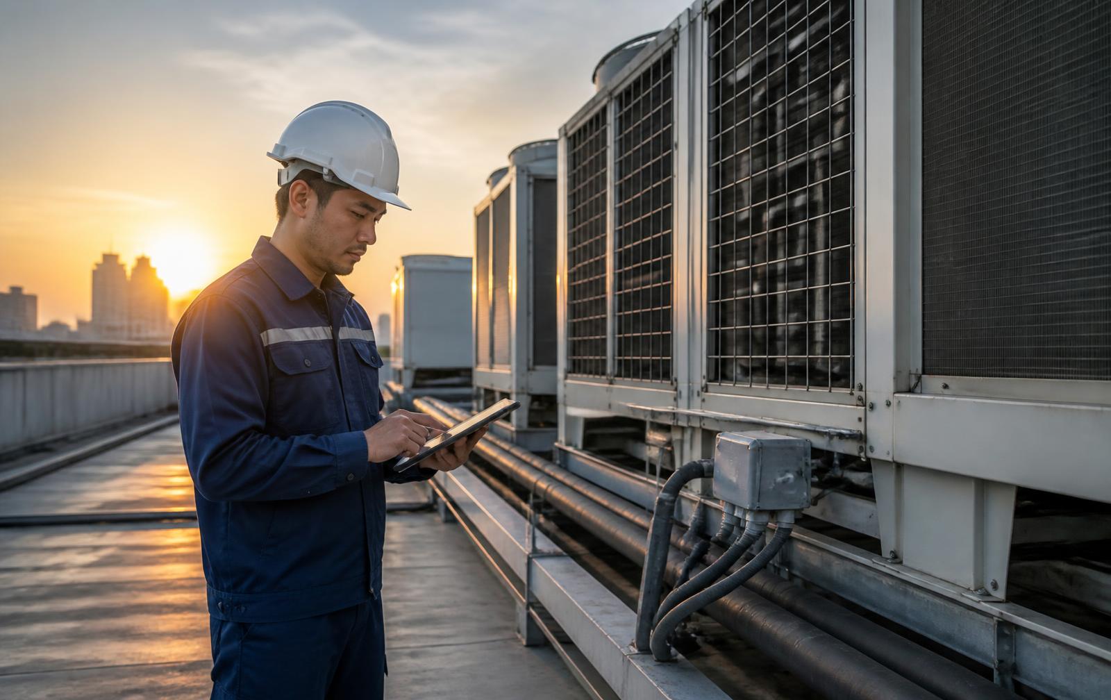 Building engineer inspecting rooftop HVAC equipment on a commercial building at sunrise
