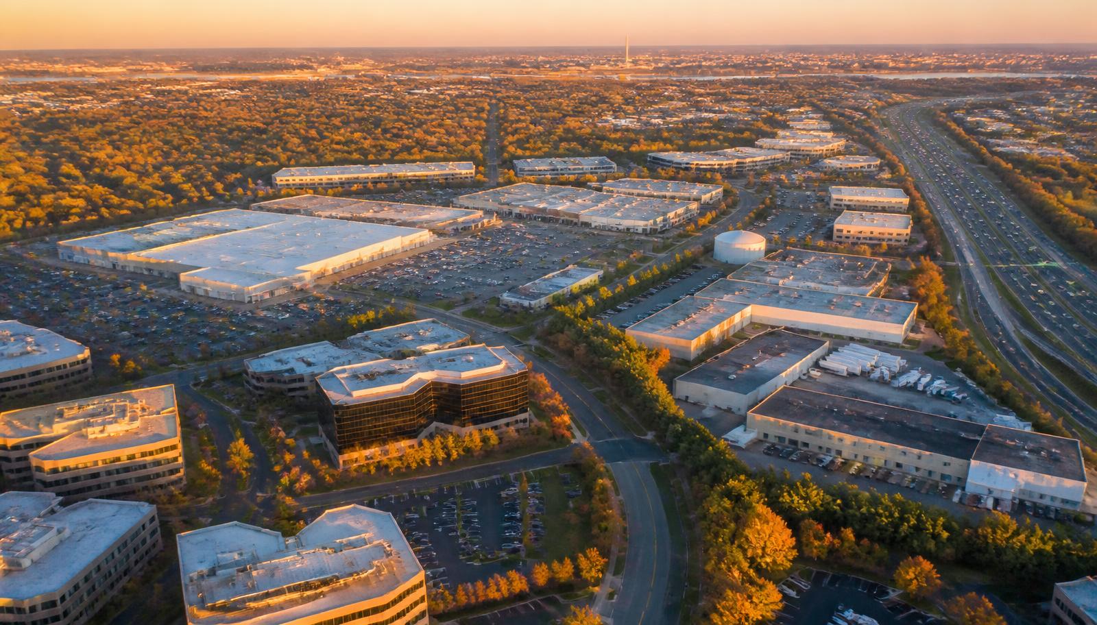 Aerial view of a Northern Virginia commercial corridor with office parks, retail centers and industrial flex buildings
